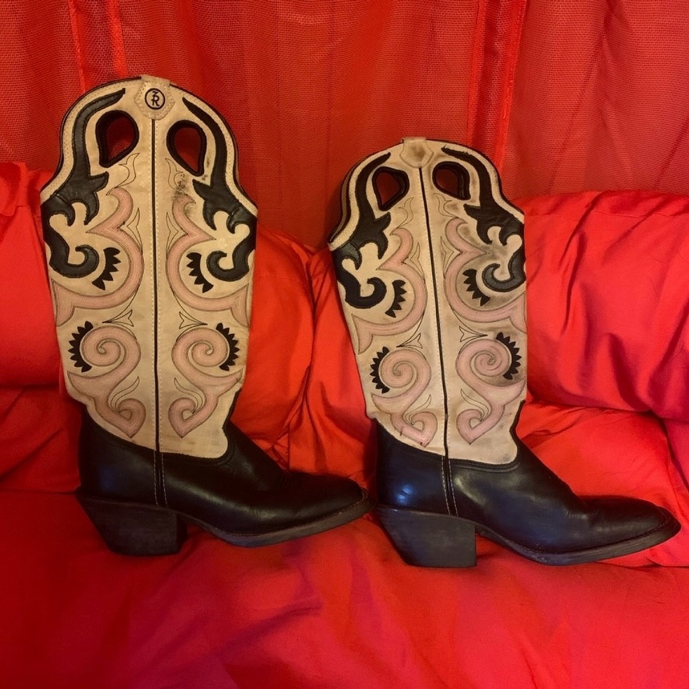 Tony Lama Tall Knee High Woman Boots 9B White- Black-Pink